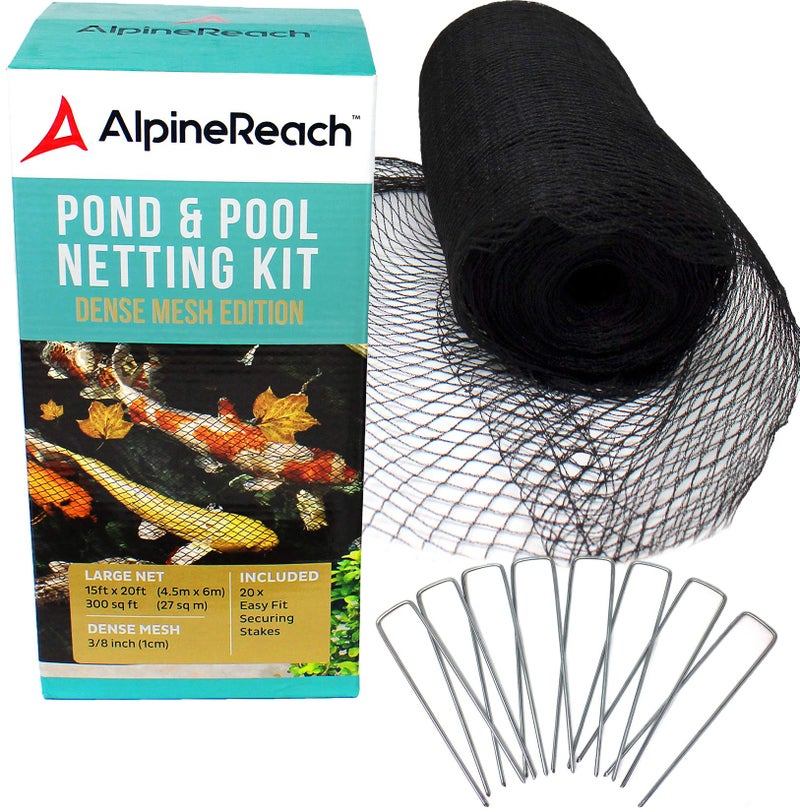 AlpineReach Pond Netting Kit 15 x 20 Feet & 20 Steel Staples - Woven Fine Mesh Heavy Duty Stretch Net Cover for Leaves - Protects Koi Fish from Blue Heron Birds Cats Predators - Galvanized Stakes - Image 1